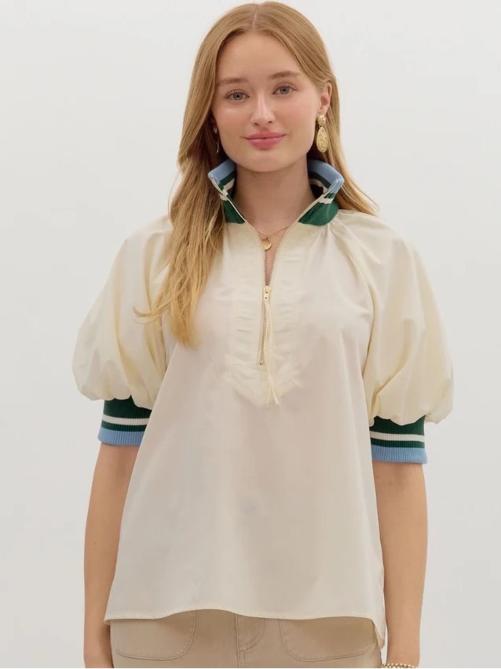 Entro Half Zip Puff Sleeve Sporty Henley Preppy Popover Swing Top Size Small